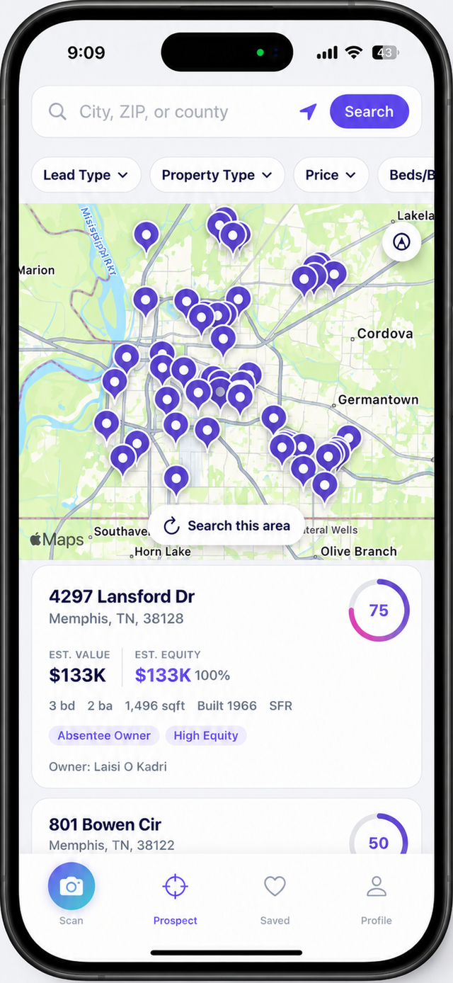 Labradoor Prospect map of Memphis with dozens of scored motivated-seller leads and filters for lead type, property type and price