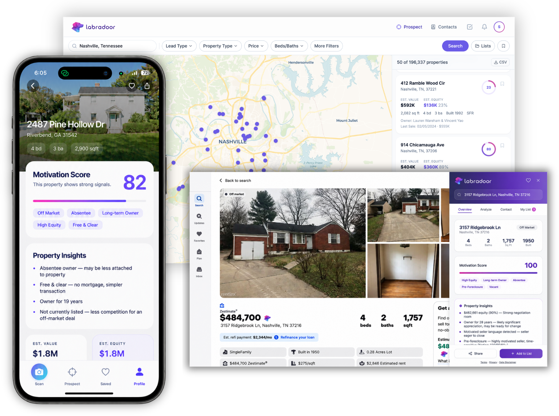 Labradoor running on all three surfaces at once: the iPhone app showing a Motivation Score of 82 with property insights, the web platform showing a map of Nashville with scored off-market leads, and the Chrome extension open over a Zillow listing